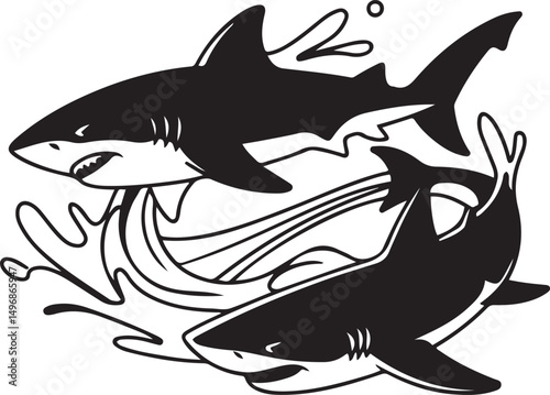 Two sharks swimming in ocean waves black and white illustration