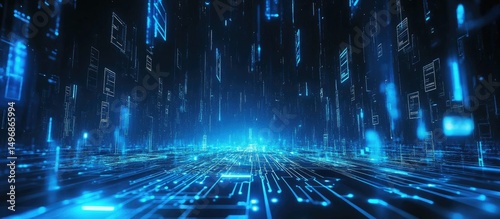 Digital data stream through a glowing circuit board