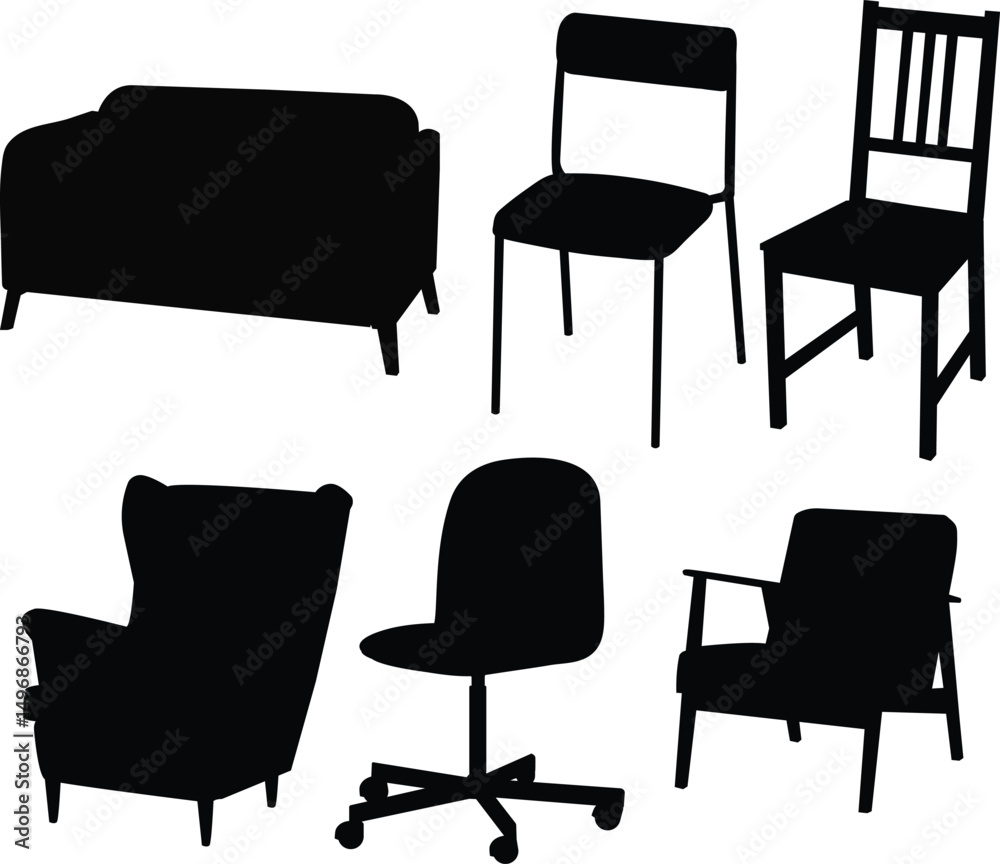 Silhouette of chair, vector art, types of chair