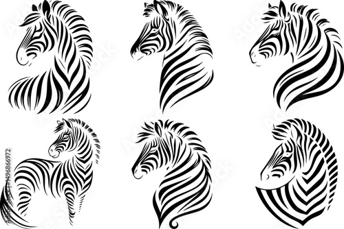 Six elegant zebra head illustrations black and white line art