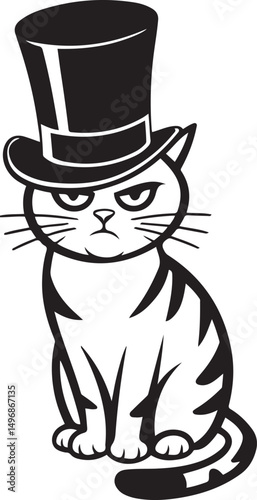 Grumpy cat wearing a top hat sitting down