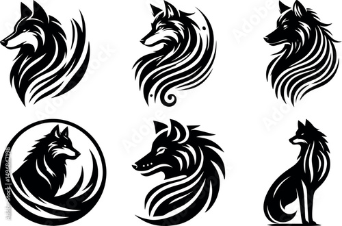Six stylized black and white wolf designs tribal art