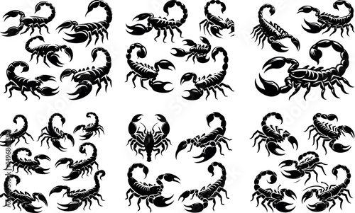 Collection of black silhouette scorpions various poses