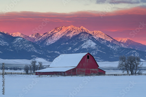 Winter's embrace: A vibrant sunset over a snow-covered barn in Montana's landscape