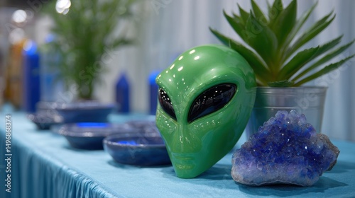 sci-fi expo booth, a world ufo day expo booth with sci-fi merchandise, alien masks, glowing ufo models, and themed lighting, exudes sophistication