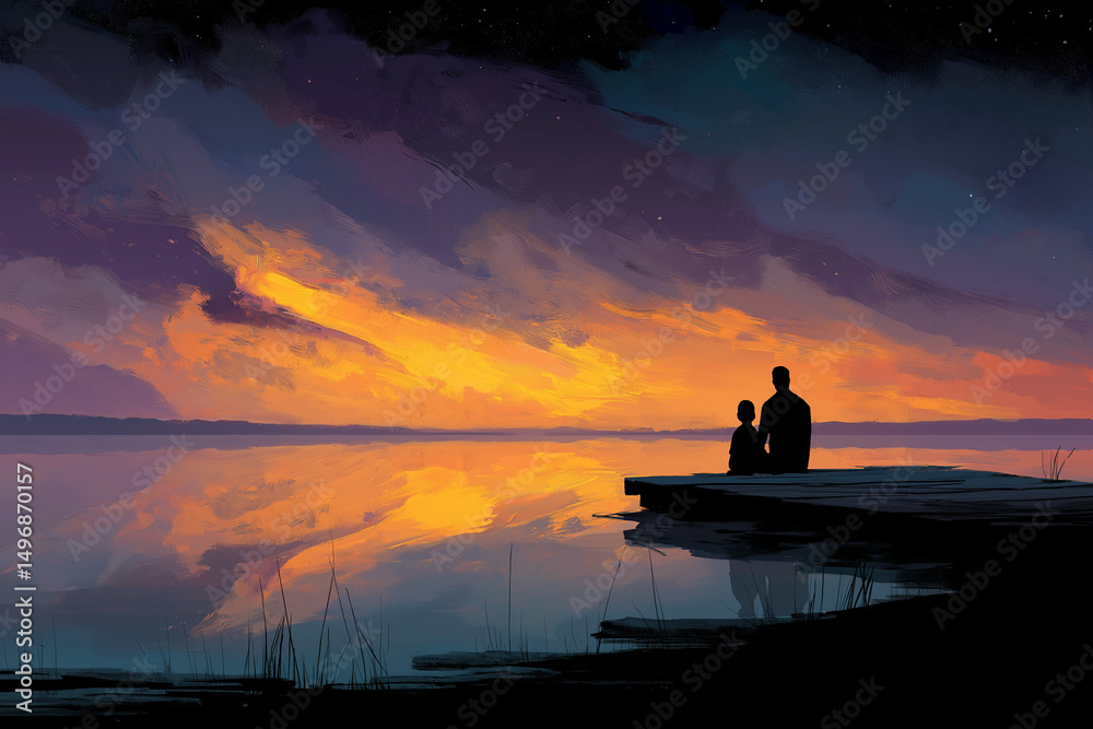 Fototapeta premium Sunset Reflections – Father and Child Sharing a Quiet Moment