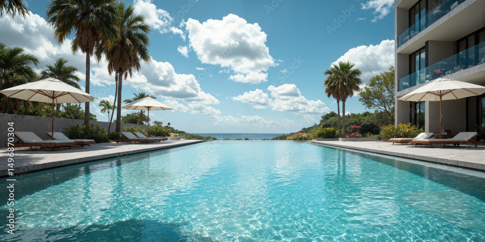 Fototapeta premium Swimming Pool Palm Trees Resort Turquoise pool in luxury resort with palm trees and ocean view