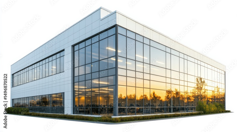 Obraz premium Modern Office Building with Glass Facade and Sunset Reflection