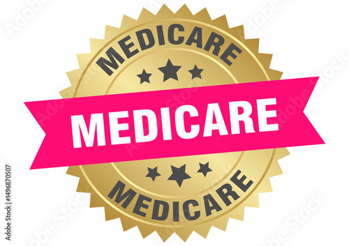 medicare. medicare round pink and gold label isolated on transparent background