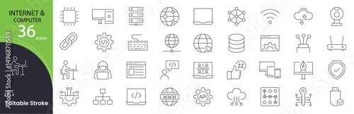 Internet and computer related icons set. Including browser, wifi, devices, network, cloud, data, hardware, and software. Editable stroke. outline icons.