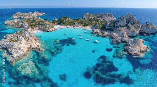 Aerial view of an island with turquoise water, rocks, and boats on a sunny day under a clear blue sky