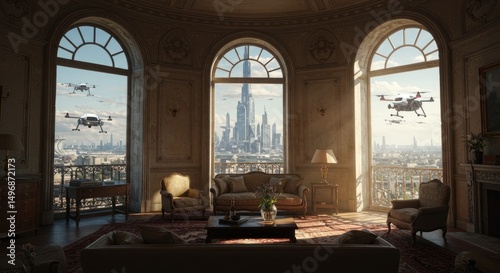 Modern living room with futuristic drones flying outside windows  