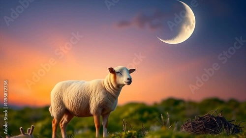 Lamb walking in Field with Crescent Moon and Evening Sky, A minimalist Eid al-Adha Mubarak greeting, honoring the tradition of animal sacrifice. 4k video