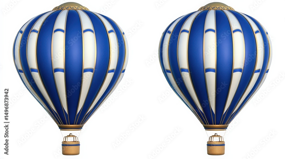 Obraz premium Blue and White Striped Hot Air Balloons in a Bright Sky Background