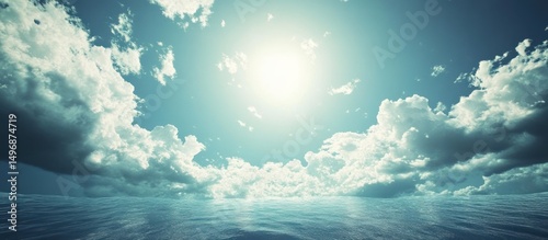 Serene oceanic expanse under a celestial sky with cumulus formations and radiant sunlight