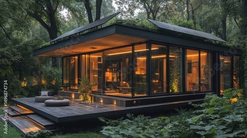 Modern eco-friendly house with panoramic glass walls surrounded by lush greenery in the evening glow