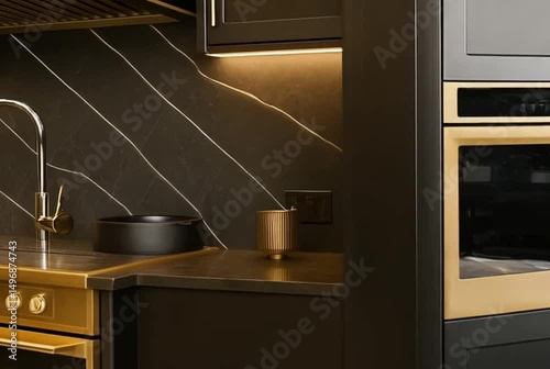 modern kitchen interior with black  and golden