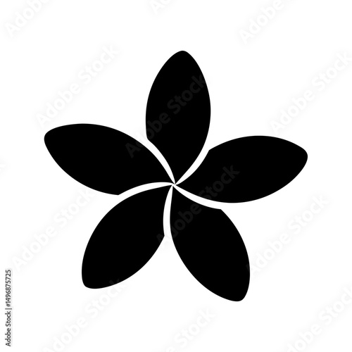 Black and white plumeria flower silhouette with five petals on white background