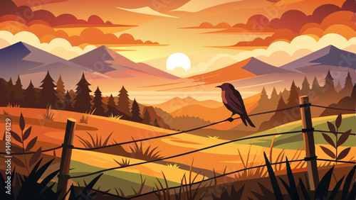vector of lone Bird on Barbed Wire Fence at Sunset Captures Serene Country Landscape
