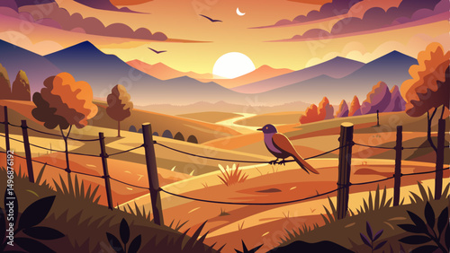 vector of lone Bird on Barbed Wire Fence at Sunset Captures Serene Country Landscape