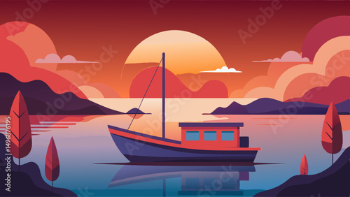 vector of Minimalist boat and sunset vector illustration