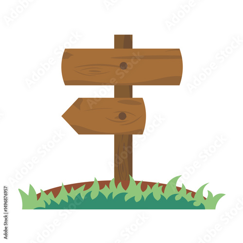 Isolated cartoon illustration of wooden pole with sign for left direction information stuck in grassy ground