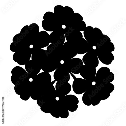 Graphic illustration of a cluster of black flowers with white centers