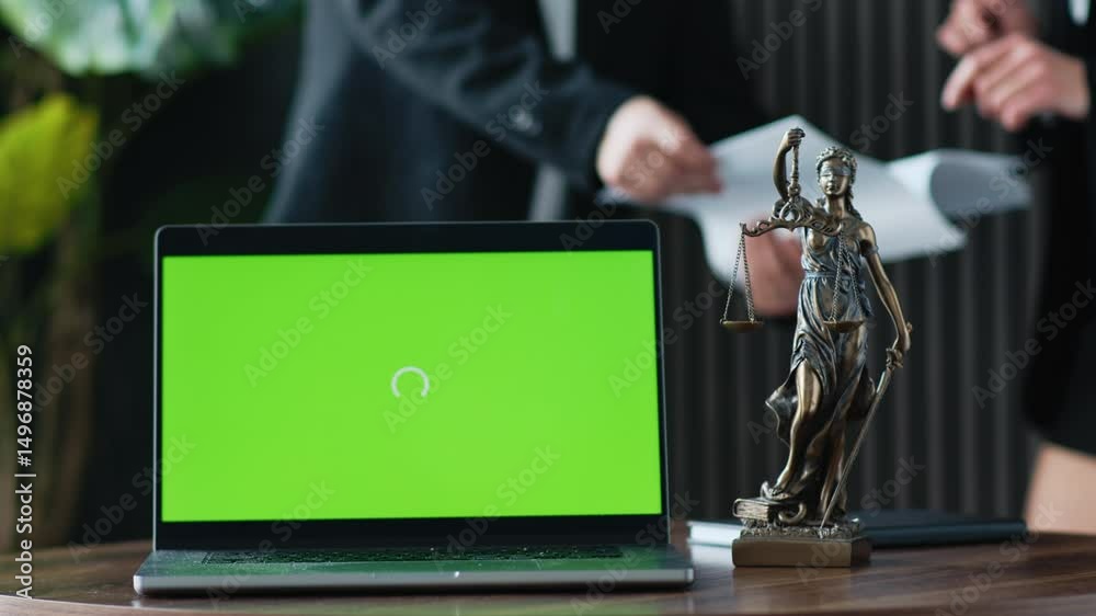 Legal advice office. On the desk is a close-up of a laptop with a green screen and a statue of justice. A conception of justice and law.