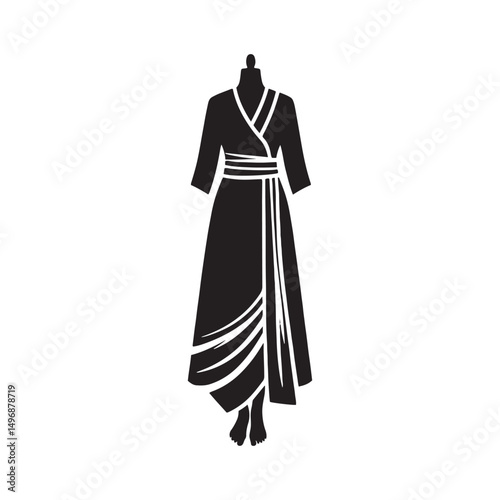 Elegant Sabai Wrap Dress Vector Silhouette – Traditional Southeast Asian Wrap, Graceful Draping, Cultural Heritage, Feminine Charm, and Timeless Minimalist Design.