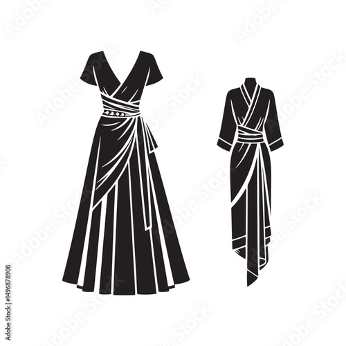 Elegant Sabai Wrap Dress Vector Silhouette – Traditional Southeast Asian Wrap, Graceful Draping, Cultural Heritage, Feminine Charm, and Timeless Minimalist Design.