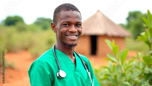 Portrait of smiling African man doctor volunteer in medical clothes, looking at camera, smiling against background of poor African village.