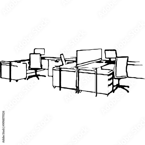 A stylish hand-drawn office interior vector, featuring modern workstations and comfortable seating, perfect for illustrating creative workspace concepts and designs.