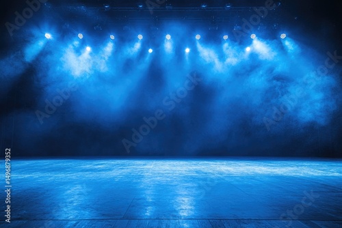 Empty stage bathed in blue spotlights and fog photo