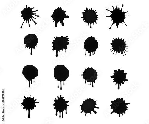 Ink drops and splashes. Blotter spots, liquid paint drip drop splash and ink splatter. Artistic dirty grunge abstract spot vector set. Illustration monochrome drip splash, splat messy inkblot