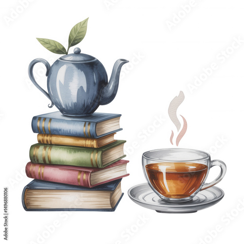 Teapot atop Stack of Books beside Steaming Teacup