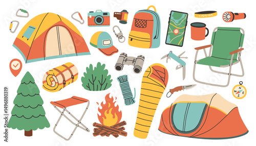 Camping and hiking simple set. Hand drawn elements outfit, tent, campfire, fir, mobile map. Perfect for scrapbooking, craft projects, posters, tags, sticker kit.