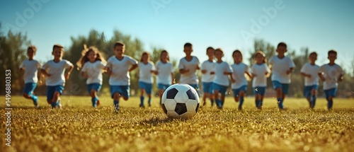 School children practicing�football�on a field.