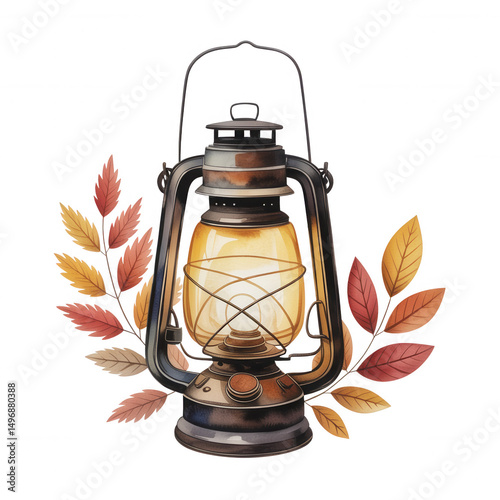 Vintage Lantern with Autumn Leaves Watercolor