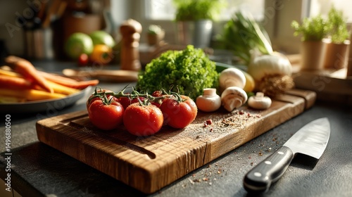 Sunlit kitchen fresh vegetables, chopping board, knife