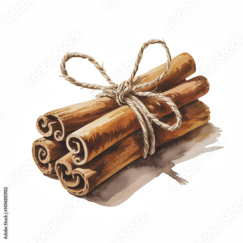 Watercolor Cinnamon Sticks Tied with Twine Isolated