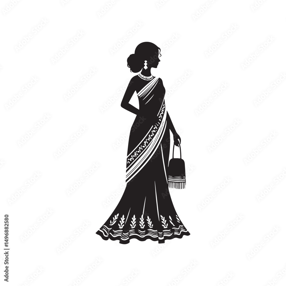 Obraz premium Elegant Sari Vector Silhouette – Traditional Indian Draped Garment, Graceful Flow, Rich Cultural Heritage, Vibrant Fabrics, and Timeless Feminine Beauty.