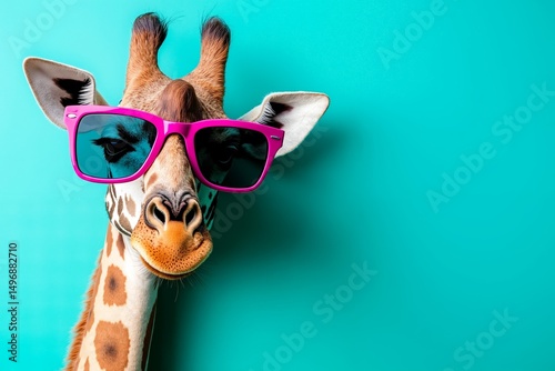 A giraffe wearing pink sunglasses on a blue background