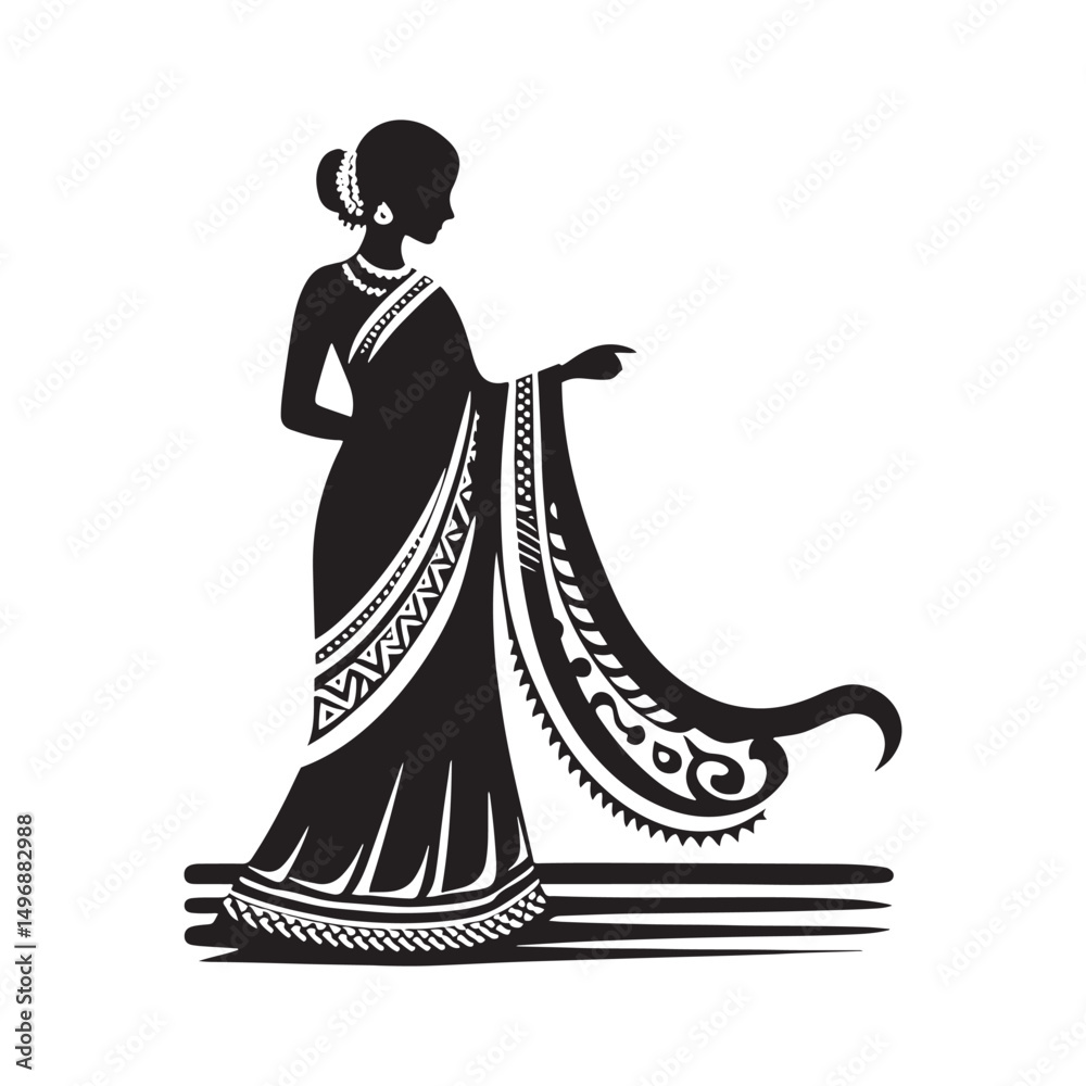 Fototapeta premium Elegant Sari Vector Silhouette – Traditional Indian Draped Garment, Graceful Flow, Rich Cultural Heritage, Vibrant Fabrics, and Timeless Feminine Beauty.