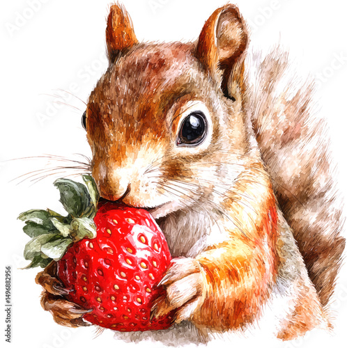 
A cute watercolor illustration of an adorable baby squirrel holding and looking at a large red strawberry, clipart,