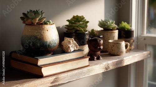 Sunlit succulents, books, and figurines on shelf