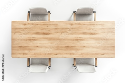 High-angle view of a light-wood rectangular table with four matching light-gray chairs