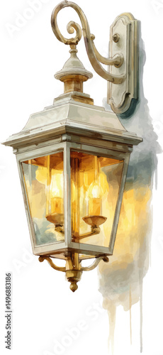 
Watercolor Clipart, White background, ultra-detailed, hyper-realistic outdoor lantern wall sconce with warm, golden light glowing from the inside, beige color palette.