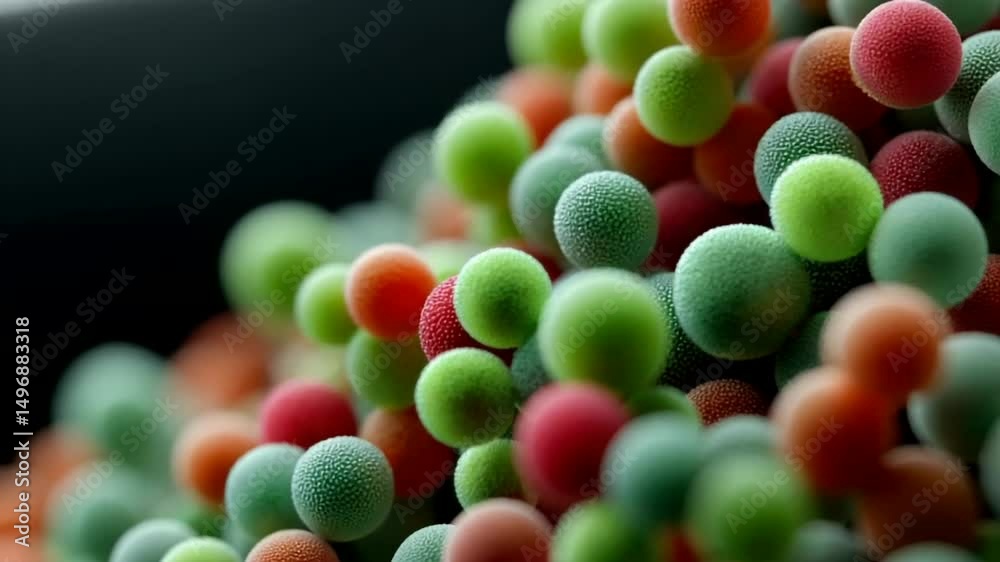 Close-up of colorful spherical candies, showcasing vibrant textures evokes childhood nostalgia and confectionery delight