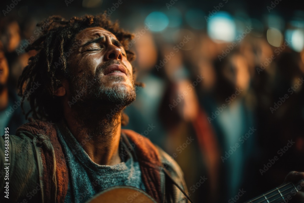 Man Playing Guitar With Eyes Closed in Concert, Representing Passion and Musical Performance, Suitable for Entertainment and Cultural Events Promotion : Generative AI Man Playing Guitar With Eyes Closed in Concert, Representing Passion and Musical Performance, Suitable for Entertainment and Cultural Events Promotion : Generative AI