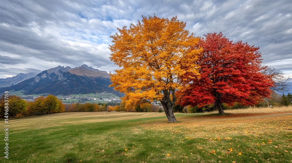 Naklejka premium Stunning Autumn Landscape with Red and Gold Trees